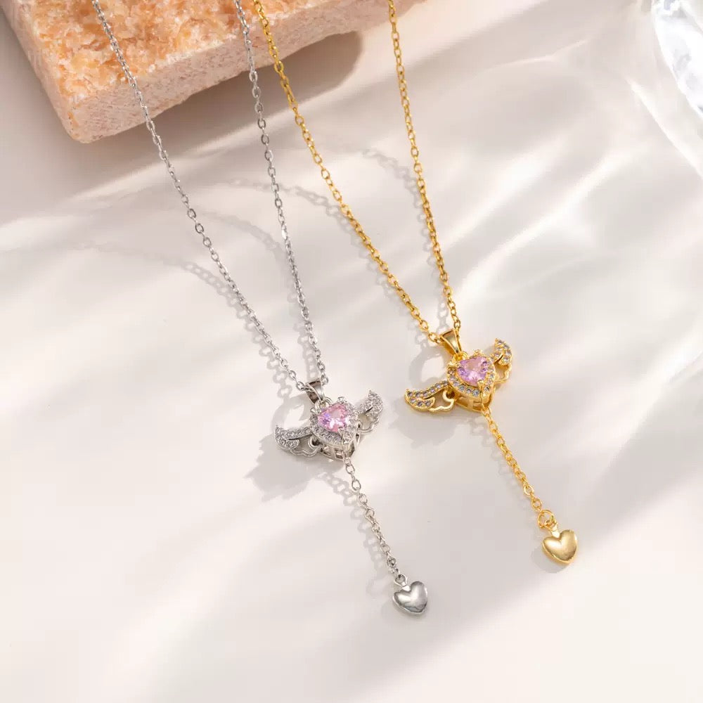 Angel Wing Heart Zircon Y Drop Necklace