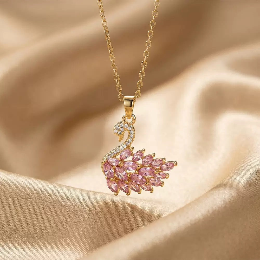 Gold Plated Swan Pendant Necklace with Sparkling Zircon - Elegant Clavicle Chain Jewelry for Women