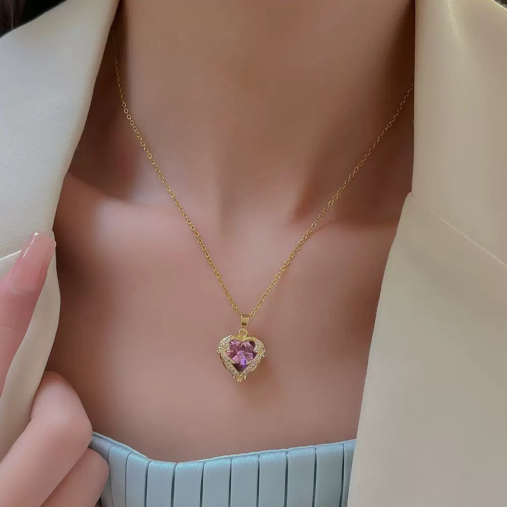 Gold Angel Wing Ocean Heart Crystal Necklace