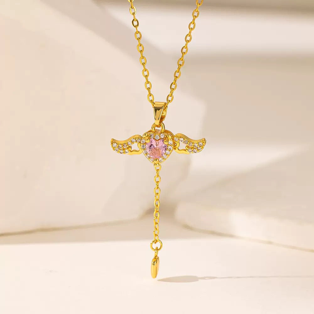 Angel Wing Heart Zircon Y Drop Necklace