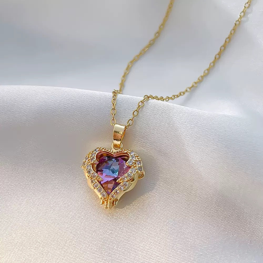 Gold Angel Wing Ocean Heart Crystal Necklace