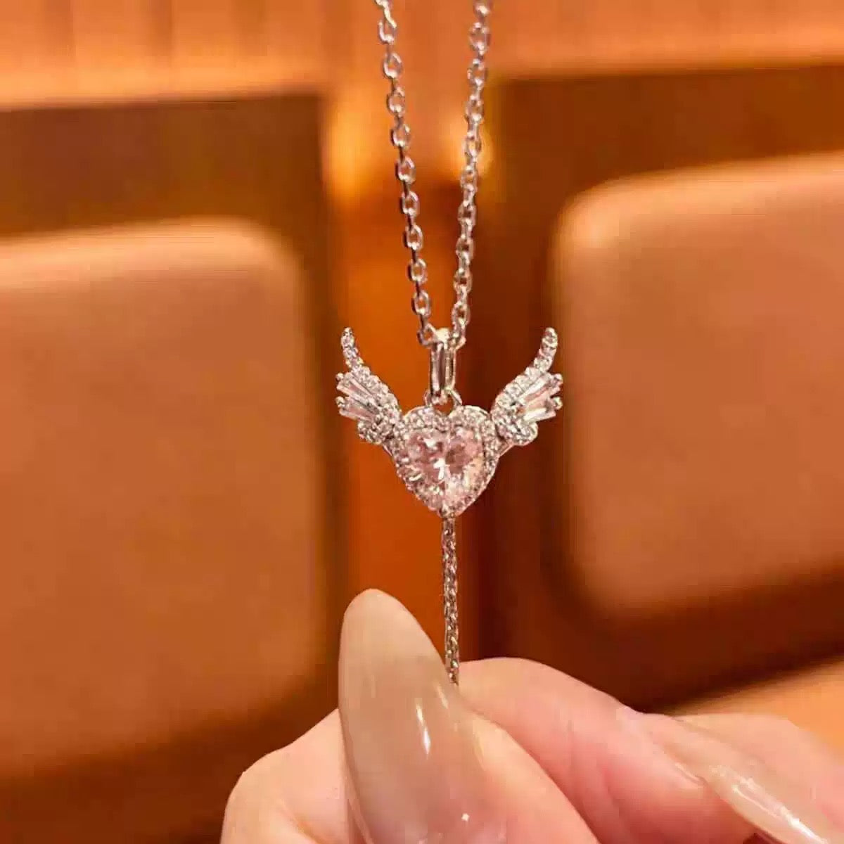 Angel Wing Heart Zircon Y Drop Necklace
