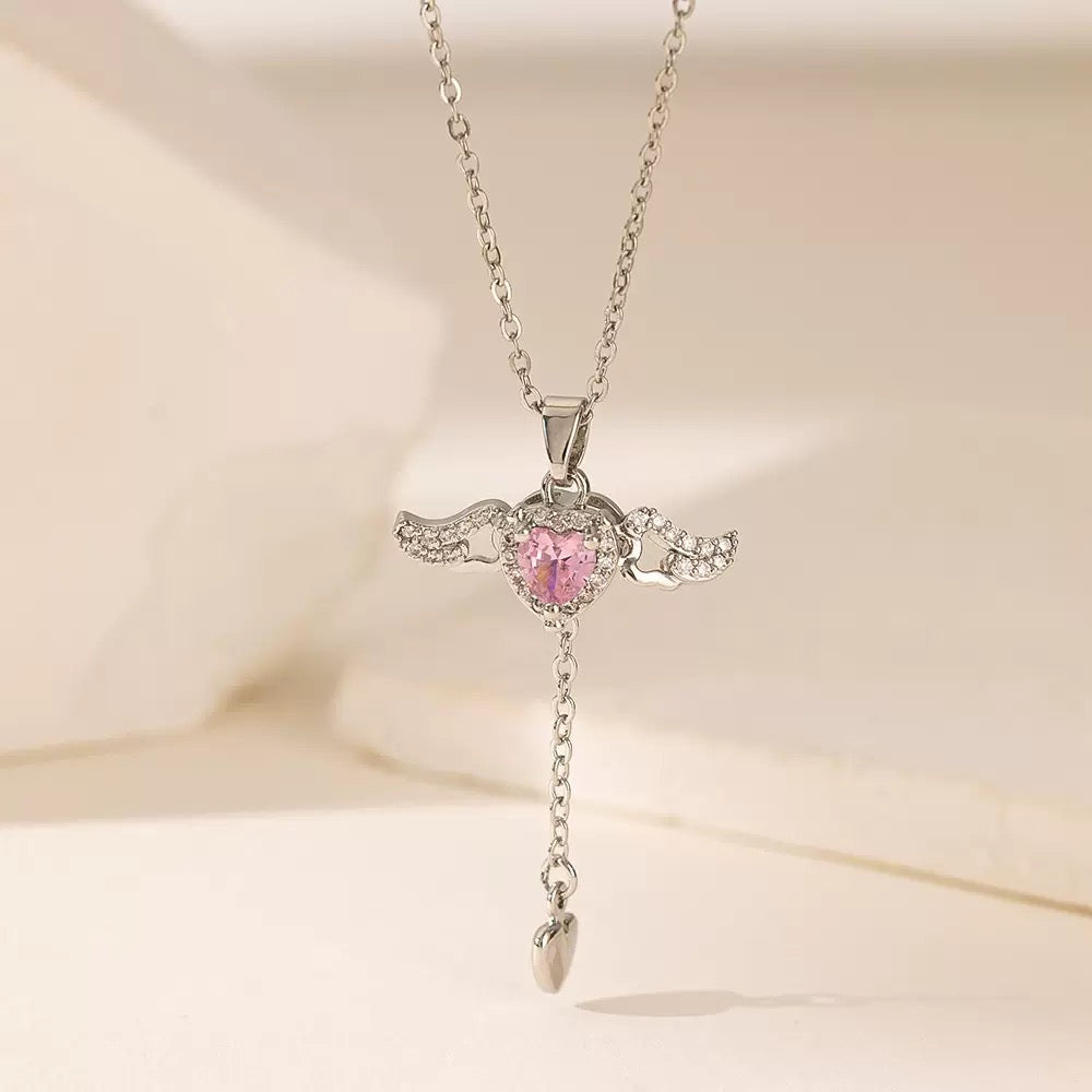 Angel Wing Heart Zircon Y Drop Necklace